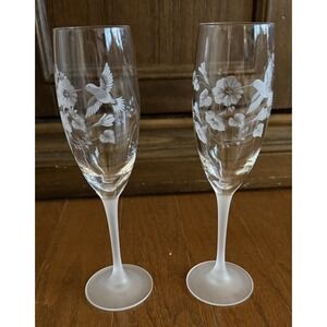 Set 2 Avon Hummingbird & Morning Glory 24% Lead Crystal Fluted Champagne Glasses
